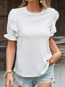 Perfee Pom Pom Detail Openwork Flounce Sleeve Blouse - Store 42