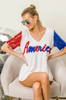 Chic Metallic Letter V-Neck Top with Sequin Sleeves for Glamorous Looks - Store 42