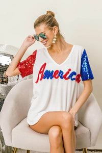 Chic Metallic Letter V-Neck Top with Sequin Sleeves for Glamorous Looks - Store 42