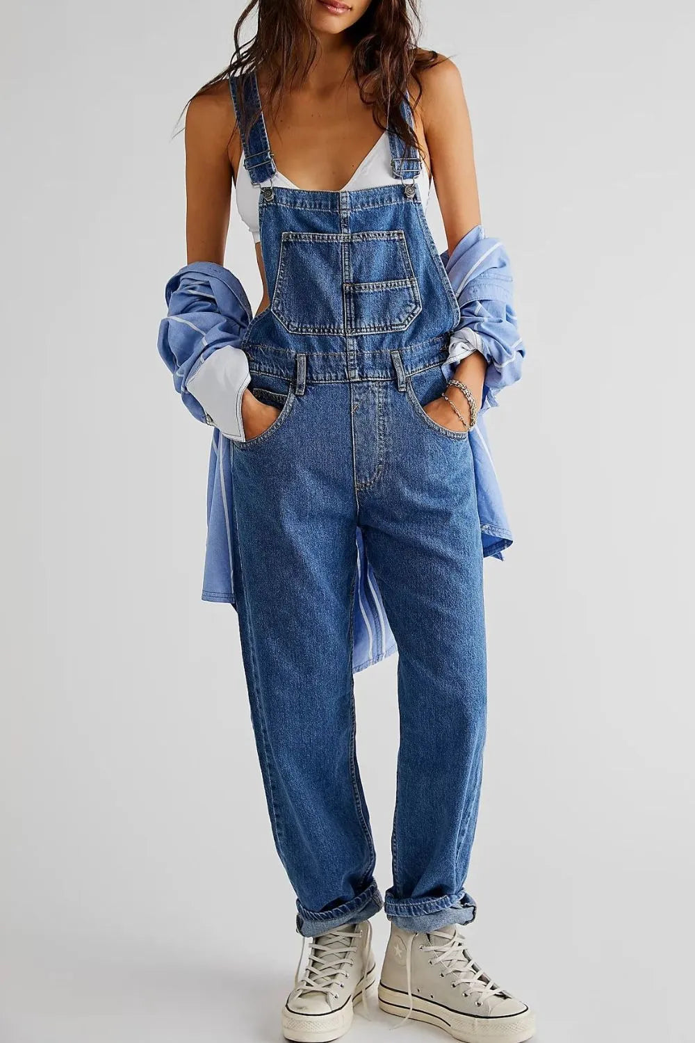 Stylish Wide Strap Square Neck Denim Overalls with Pocketed Crisscross Design - Trendsi