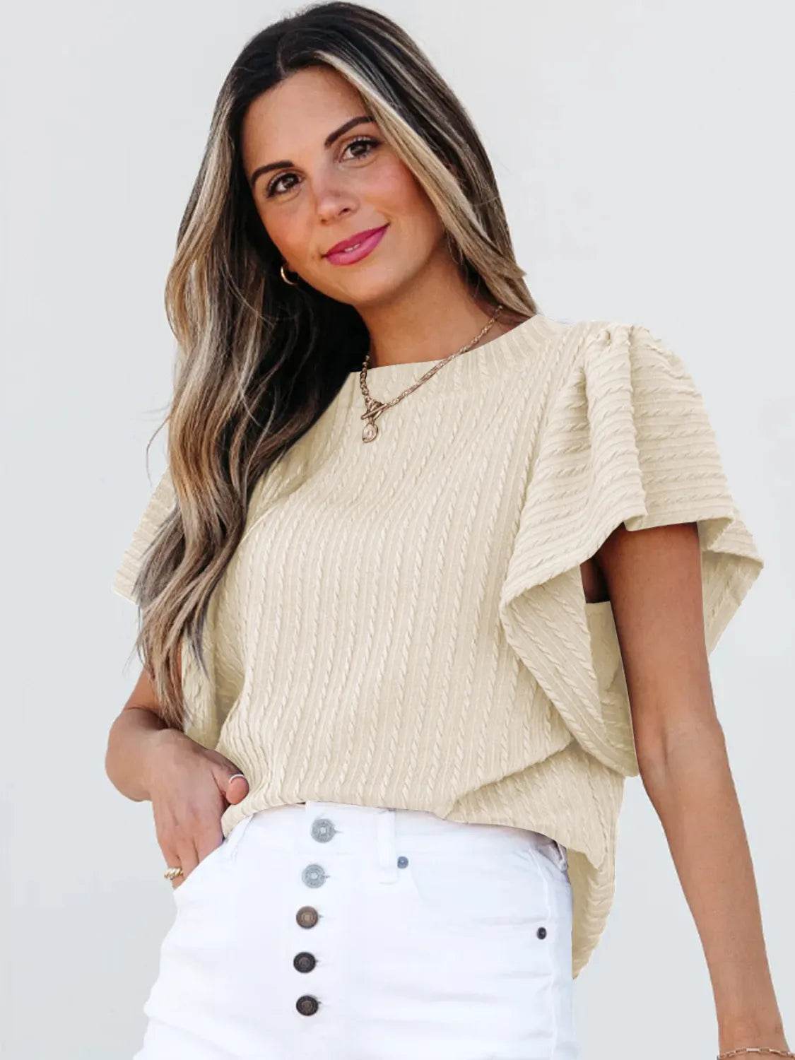 Stylish Round Neck Ruffle Sleeve Top - Slightly Stretchy, 65% Viscose & 35% Polyester, Machine Washable - Store 42