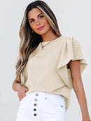 Stylish Round Neck Ruffle Sleeve Top - Slightly Stretchy, 65% Viscose & 35% Polyester, Machine Washable - Store 42
