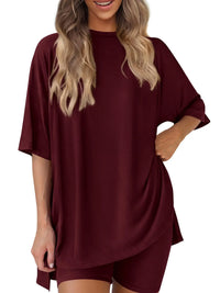 Full Size Oversized Round Neck Top and Shorts Set Plus Size Burgundy