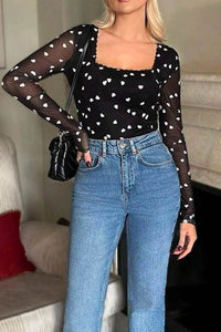 Heart Square Neck Long Sleeve Bodysuit - Store 42