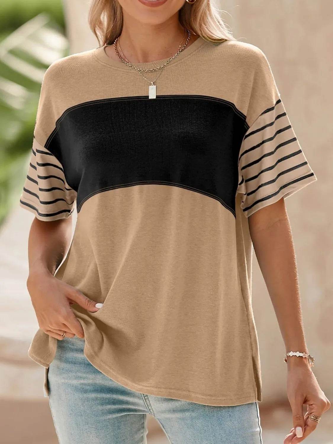 Stylish Color Block Striped Sleeve Casual T-Shirt for Everyday Comfort and Versatility - Store 42