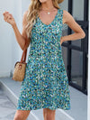 Printed V-Neck Sleeveless Mini Dress with Pockets Cerulean