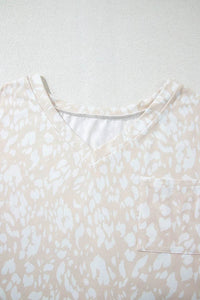 Leopard Print V-Neck T-Shirt with Side Slit - Loose Fit, Stretchy, Casual Style - Store 42