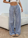 Drawstring Striped Wide Leg Pants Black