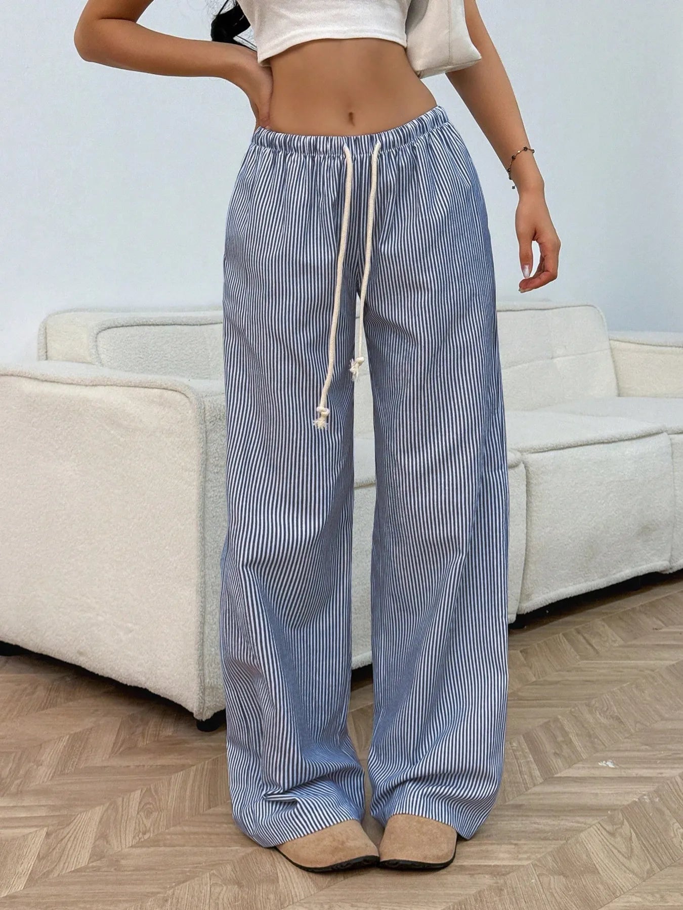 Striped Wide Leg Drawstring Pants With Pockets – 100% Polyester, Machine Washable