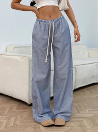 Drawstring Striped Wide Leg Pants Black