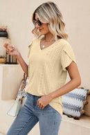 Trendsi Eyelet Petal Sleeve V-Neck Casual Knit Top - Solid Colors, Slightly Stretchy, Long Length - Store 42