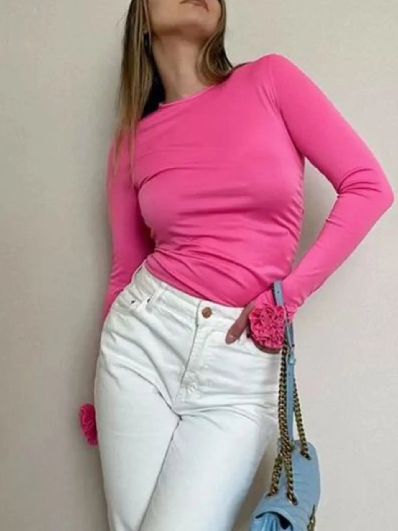 Ruffled Flower Print Long Sleeve T-Shirt - Stretchy Polyester and Spandex Blend