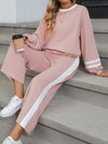 Contrast Trim Round Neck Top and Pants Set Dusty Pink