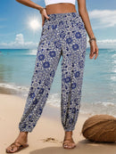 Perfee Printed Elastic Waist Pants Dusty Blue