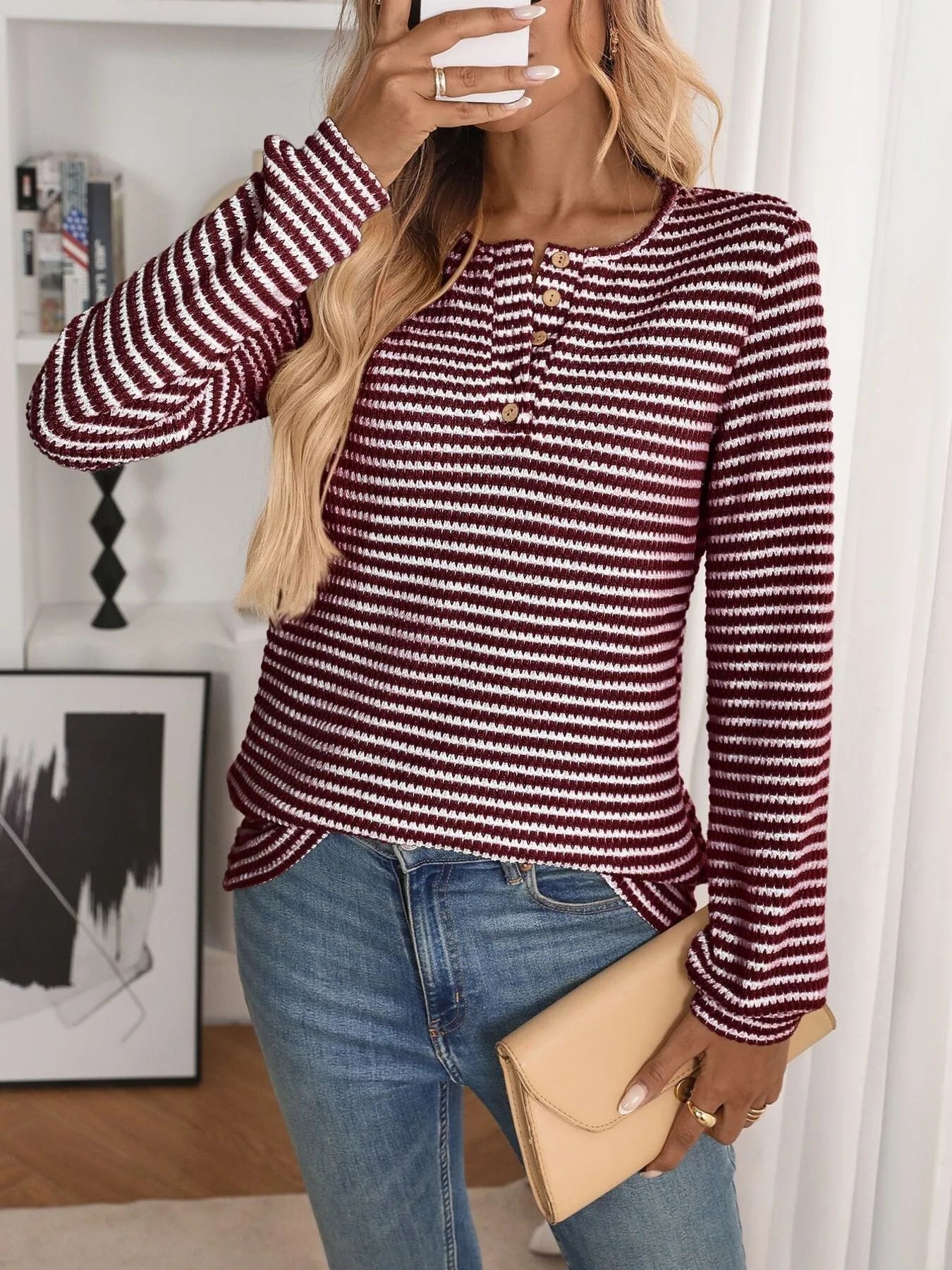Striped Button Detail Long Sleeve Top