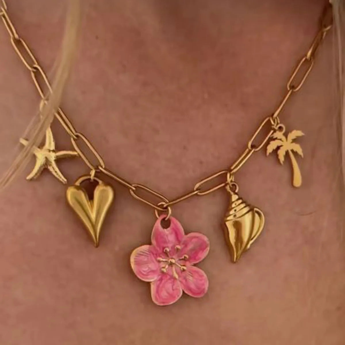 Stunning Beach Theme Pendant Necklace with Pink Resin Flower, Starfish Charm & Seashell Accents