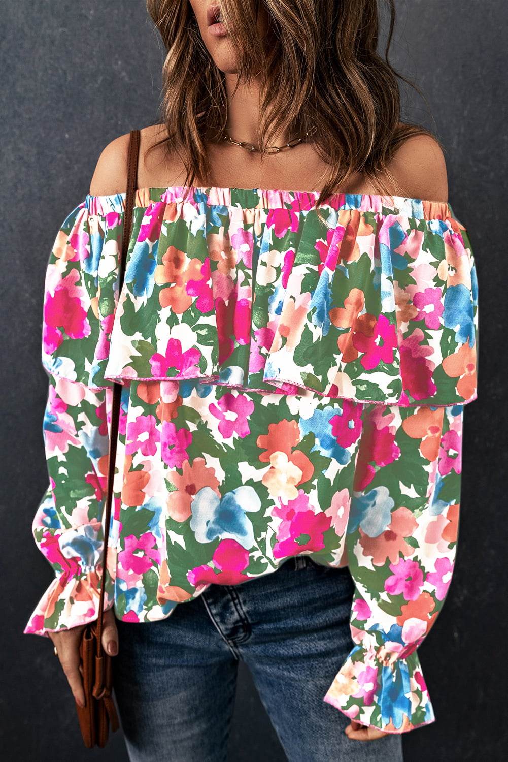 Floral Off-Shoulder Layered Blouse with Flounce Sleeves - Casual 100% Polyester Top