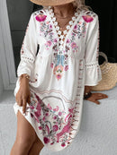 Lace Detail Printed Three-Quarter Sleeve Dress