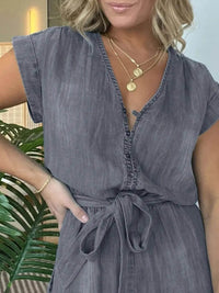 Full Size Tie Waist Cap Sleeve Denim Romper Plus Size - Store 42