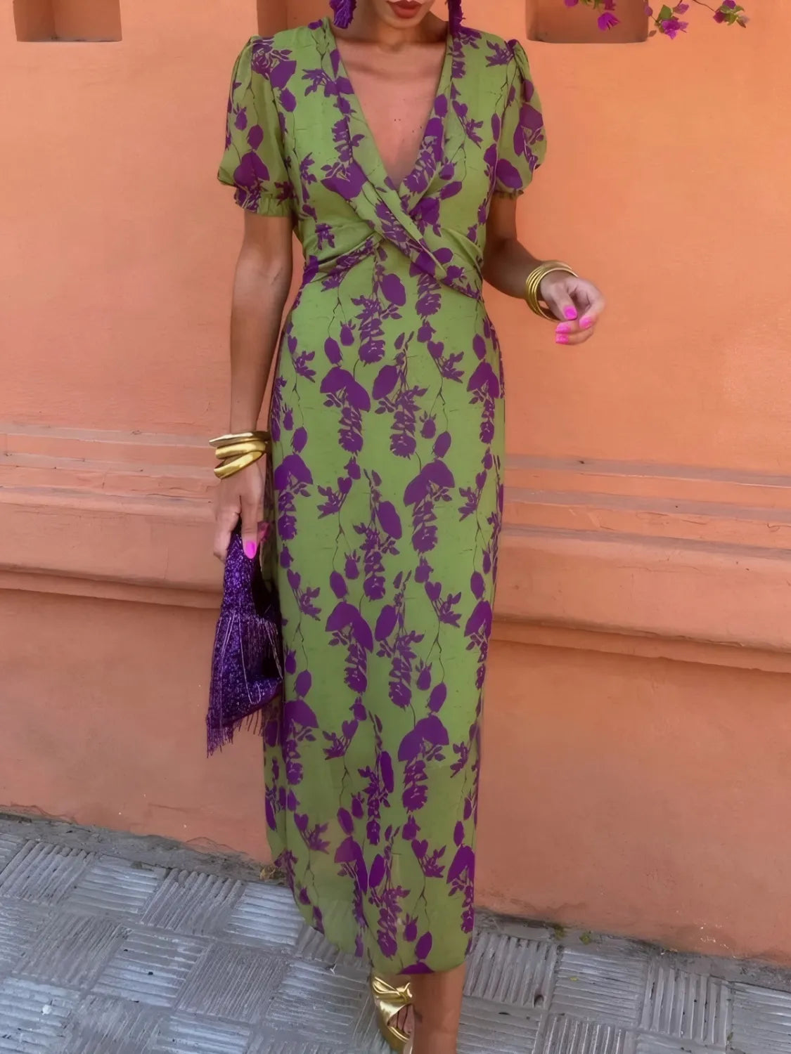 Stylish Printed Plunge Midi Dress with Short Sleeves - 100% Polyester, Unlined, Machine Washable