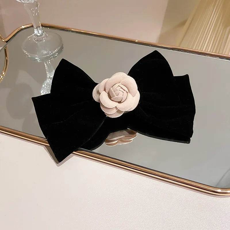 Elegant Rose Trim Bow Hair Clip - Stylish Alloy and Polyester Accessory for Chic Hairstyles