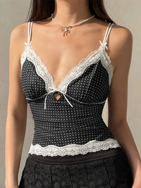 Devine Lace Detail Polka Dot V-Neck Cami Black