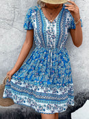 Perfee Printed V-Neck Flutter Sleeve Mini Dress Sky Blue