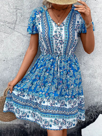 Perfee Printed V-Neck Flutter Sleeve Mini Dress Sky Blue