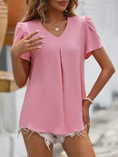 Mandy Ruched V-Neck Petal Sleeve Top - Casual Solid 100% Polyester Short Sleeves - Store 42