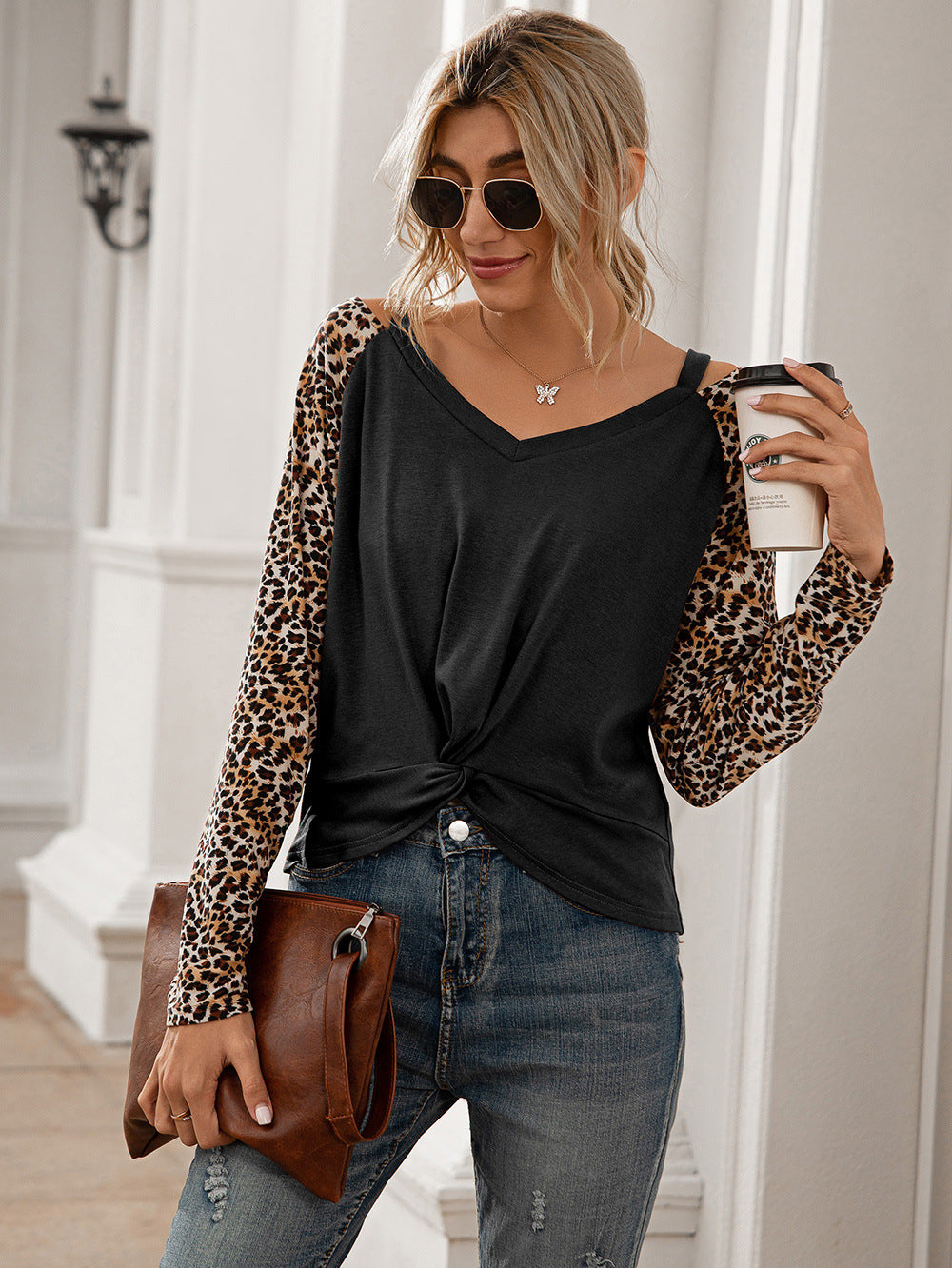 Leopard Twist Front Cold-Shoulder Tee with V-Neck & Three-Quarter Raglan Sleeves by Trendsi