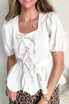Bow Knot Decor Square Neck Puff Sleeve Peplum Top White