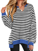Notched Long Sleeve Oversized Sweatshirt Black And White Stripes