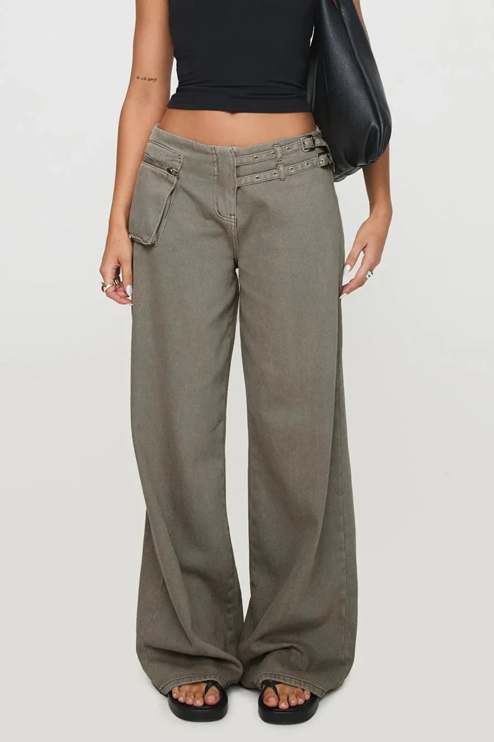 Trendsi Wide Leg Jeans with Pockets - Non-Stretch, Cotton-Polyester Blend, Machine Washable