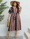 Honey Plus Size Bohemian V-Neck Tie Belt Midi Dress Multicolor