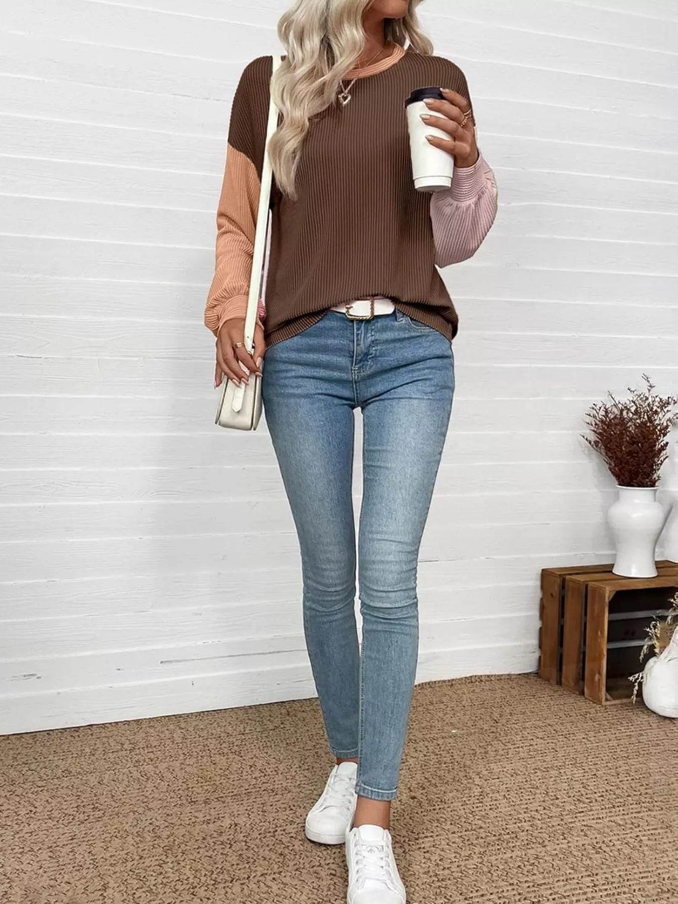 Trendsi Color Block Ribbed Long Sleeve T-Shirt: Slightly Stretchy, Modern Casual Style - Store 42