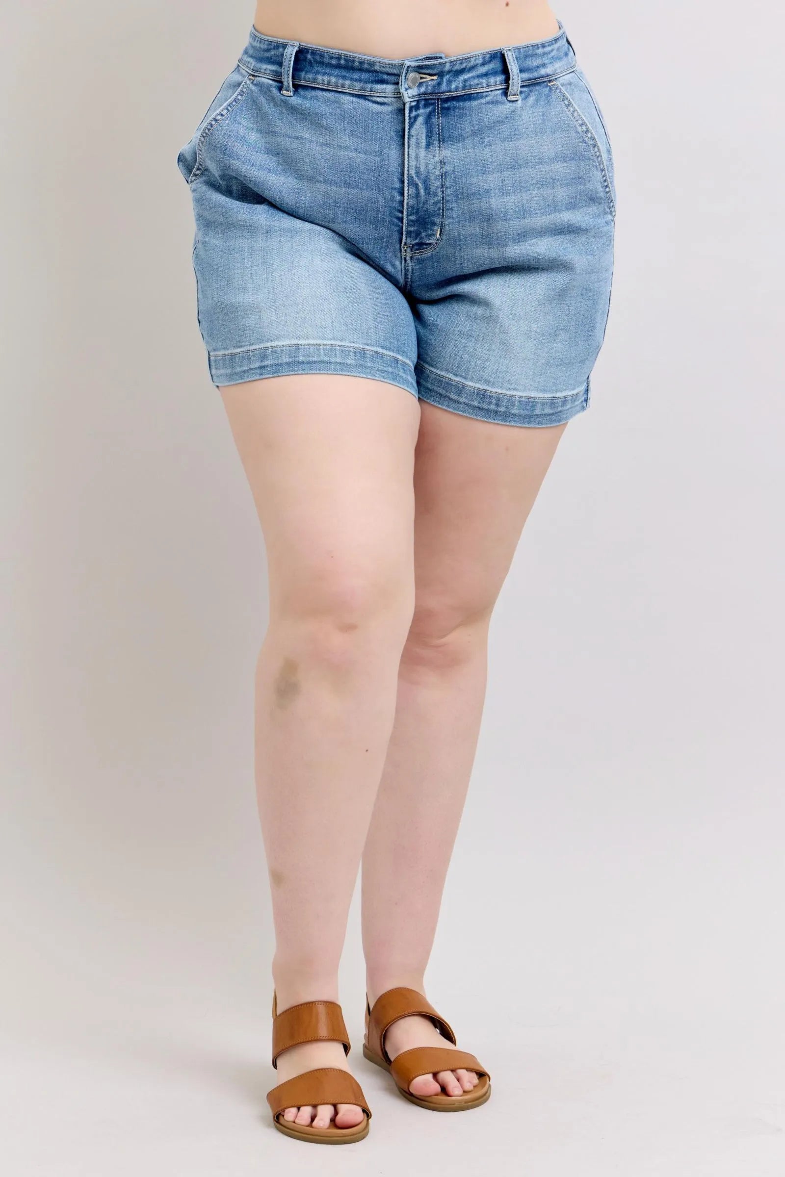 Judy Blue Plus Size 1XL-3XL High Rise Light Blue Denim Shorts with Rolled Cuffs