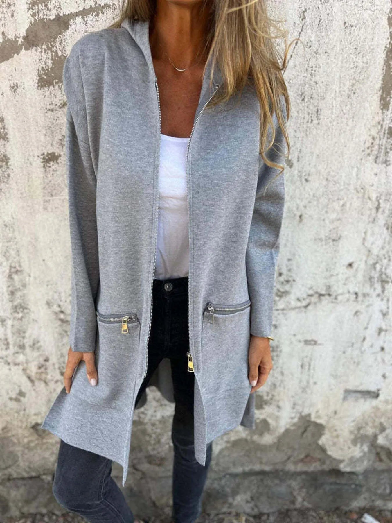 Full Size Zip Up Long Sleeve Hooded Outerwear Plus Size