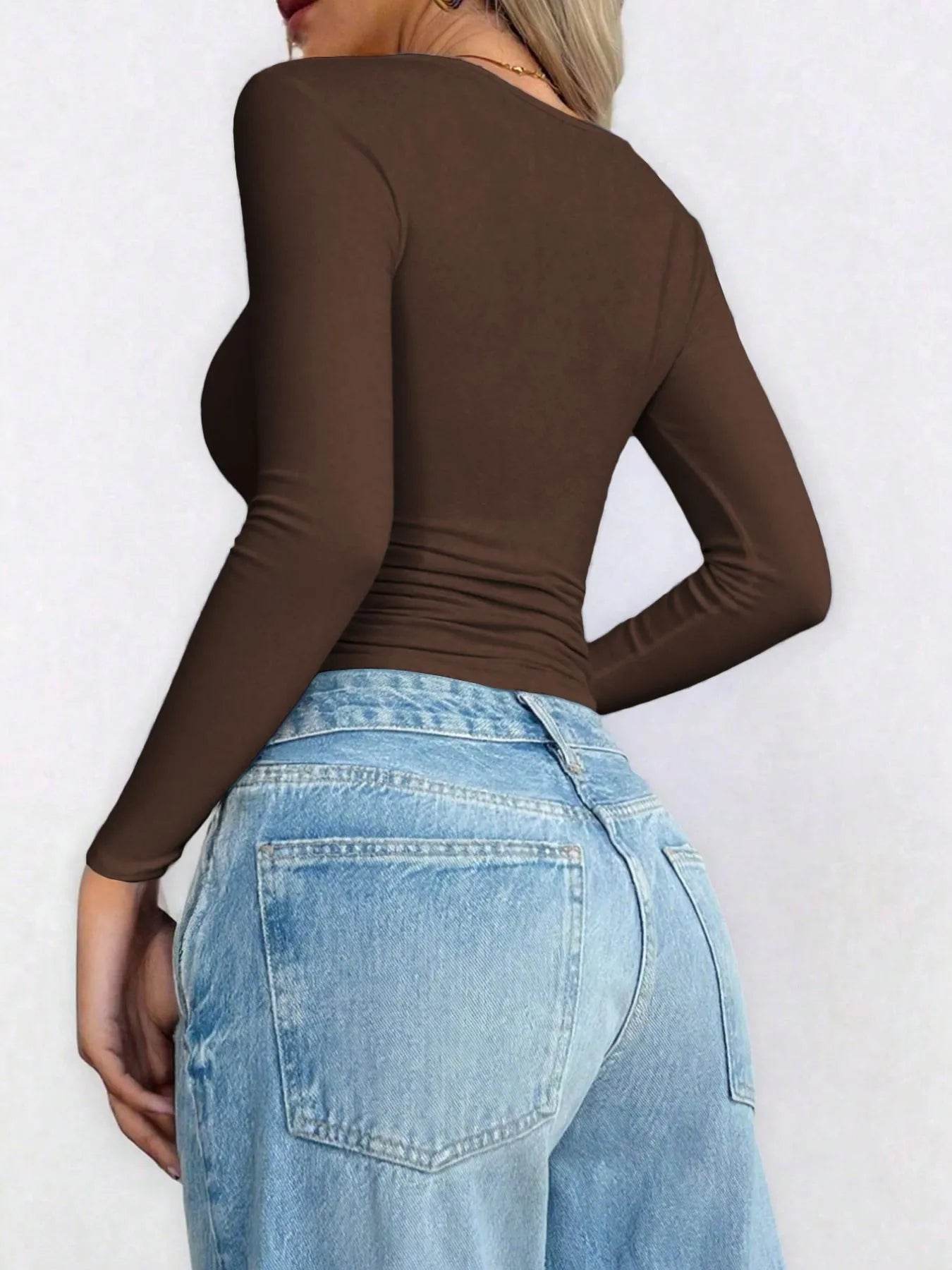 Scoop Neck Long Sleeve Fitted T-Shirt for Women - Ribbed, Moderate Stretch, Polyester Blend - Store 42