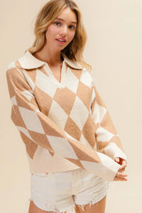 BiBi Diamond Pattern Collared Notch Neck Sweater