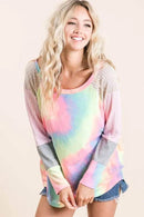 BiBi Tie Dye Terry Top with Color Block Pointelle Knit - Store 42