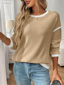 Slightly Stretchy Ribbed Long Sleeve Top with Contrast Trim - Elegant Basic Style - Store 42