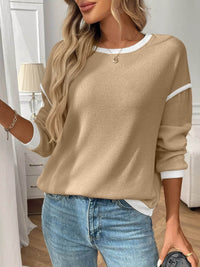 Slightly Stretchy Ribbed Long Sleeve Top with Contrast Trim - Elegant Basic Style - Store 42