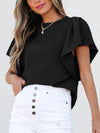 Stylish Round Neck Ruffle Sleeve Top - Slightly Stretchy, 65% Viscose & 35% Polyester, Machine Washable - Store 42