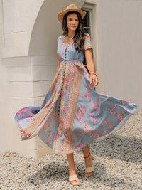 Smocked Floral V-Neck Short Sleeve Midi Dress