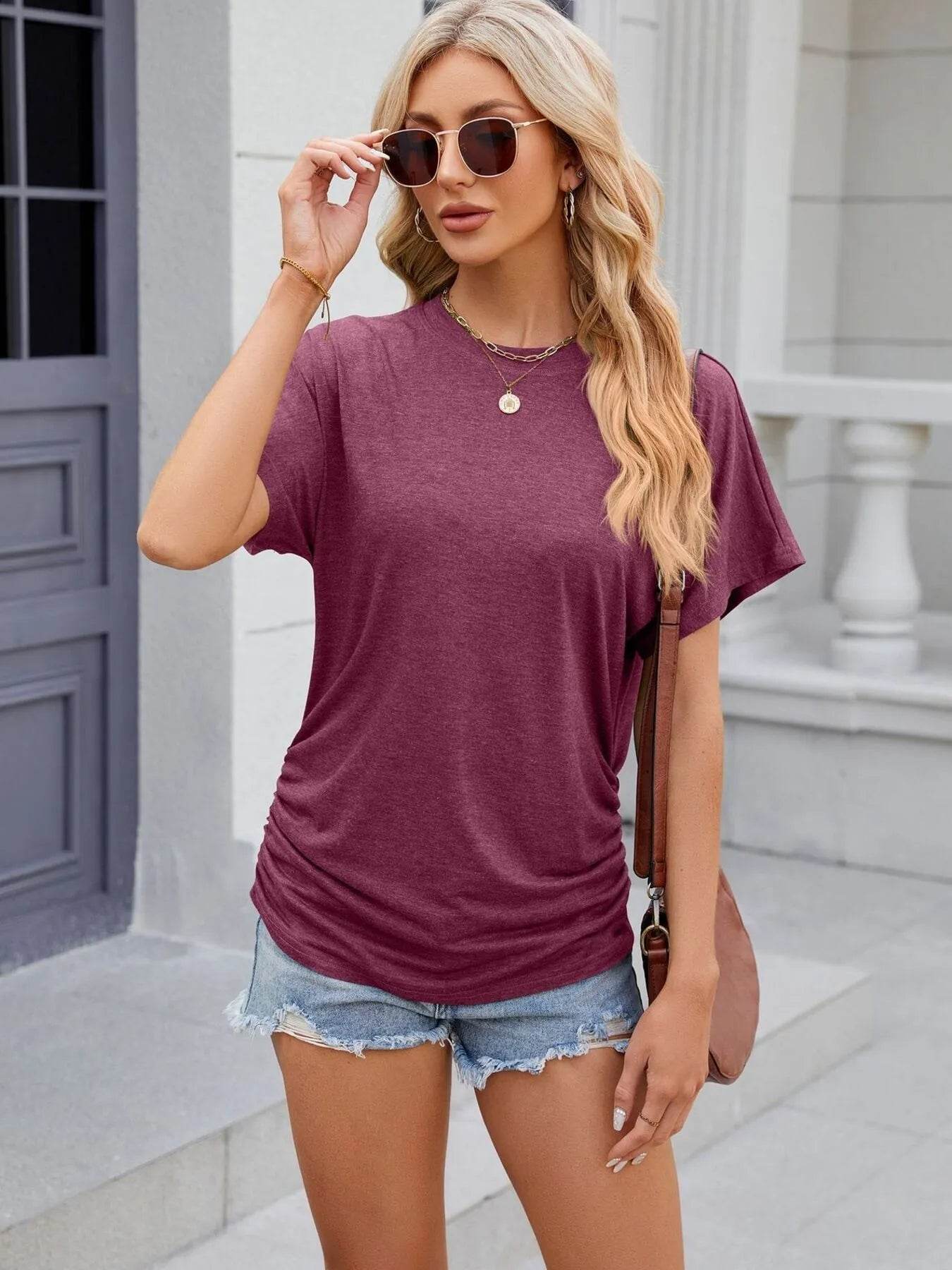 Slightly Stretchy Ruched Round Neck Short Sleeve T-Shirt for Women - Casual Basic Tops - Store 42