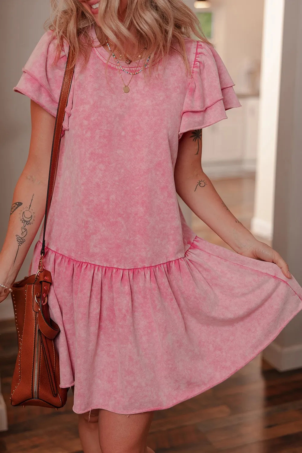 Mineral Wash Raw Edge Ruffle Mini Dress