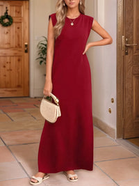 Full Size Slit Round Neck Sleeveless Maxi Tank Dress Plus Size Burgundy