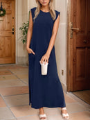 Full Size Slit Round Neck Sleeveless Maxi Tank Dress Plus Size Navy
