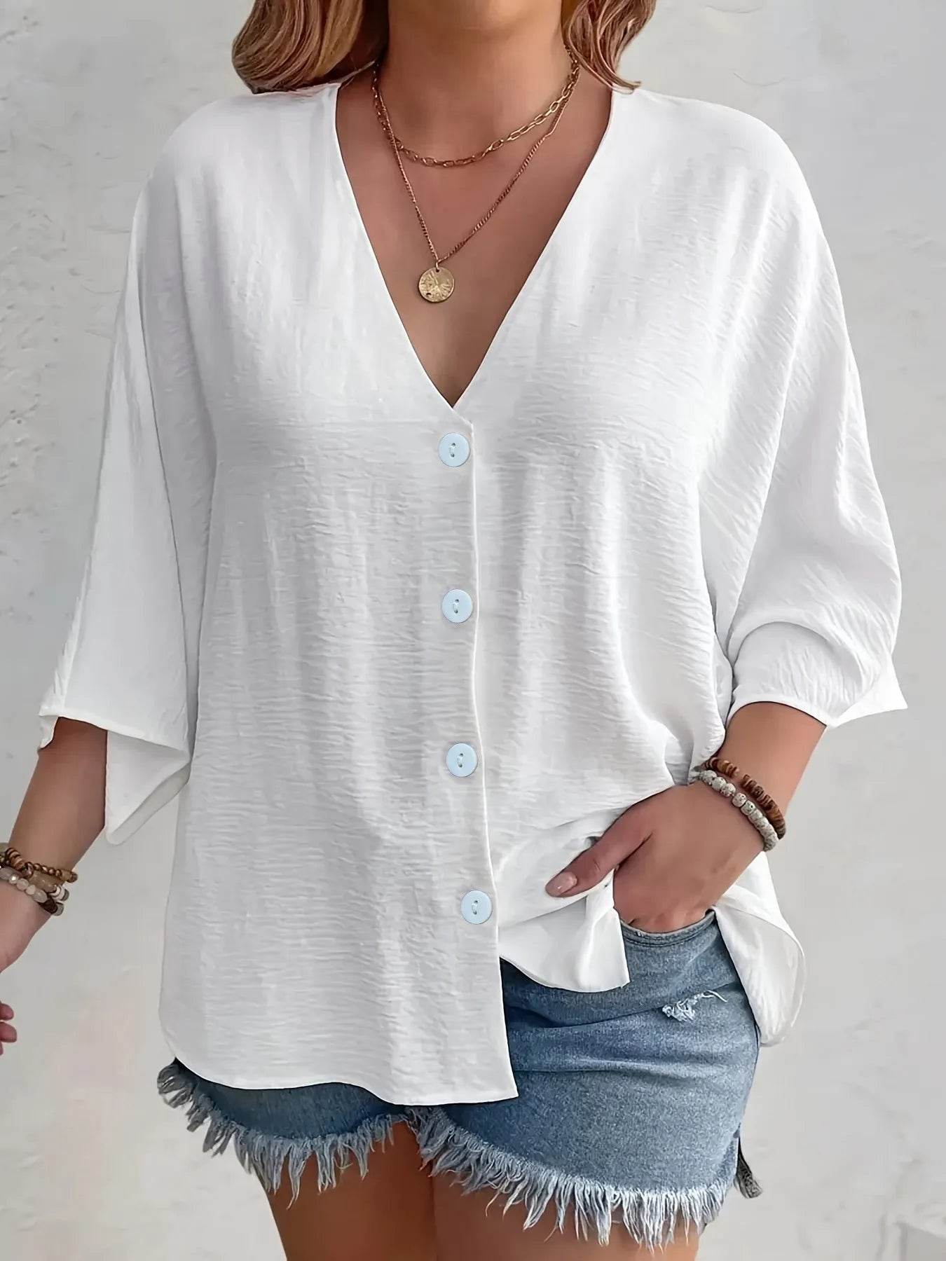 Full Size Casual V-Neck Button Down Relaxed Fit Blouse Plus Size