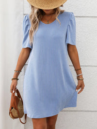 Textured Round Neck Short Sleeve Mini Dress